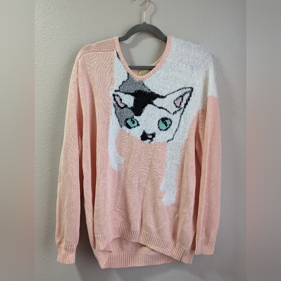 Wildfox White Label Joan the Cat Sweater Peach Kawaii Funny Fuzzy Kitty Cotton - Picture 2 of 8